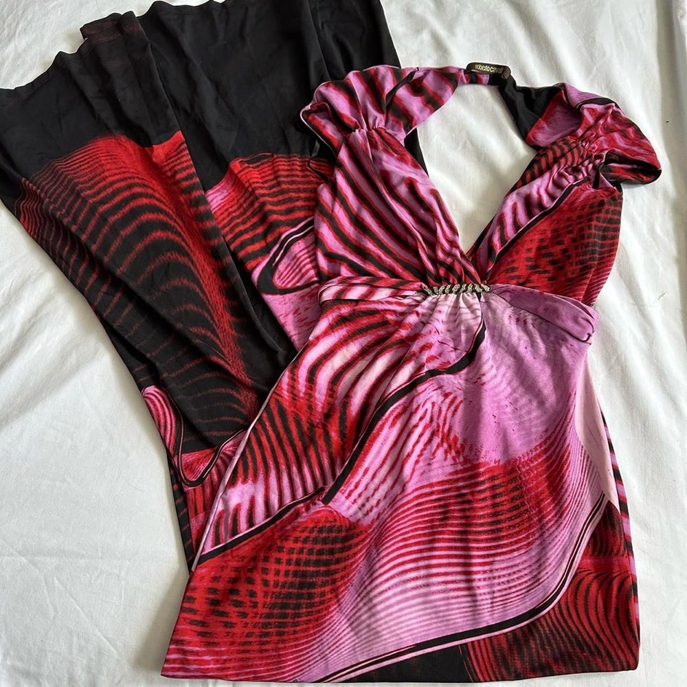 Roberto Cavalli Colorful Low Cut Vintage
Dress with Cut Out Back